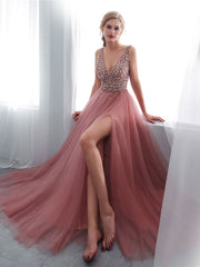 Pink A-Line V-Neck Beaded Long Prom Dress Pink Tulle Formal Evening Dress