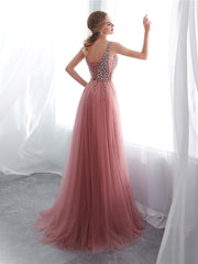 Pink A-Line V-Neck Beaded Long Prom Dress Pink Tulle Formal Evening Dress