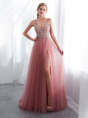 Pink A-Line V-Neck Beaded Long Prom Dress Pink Tulle Formal Evening Dress