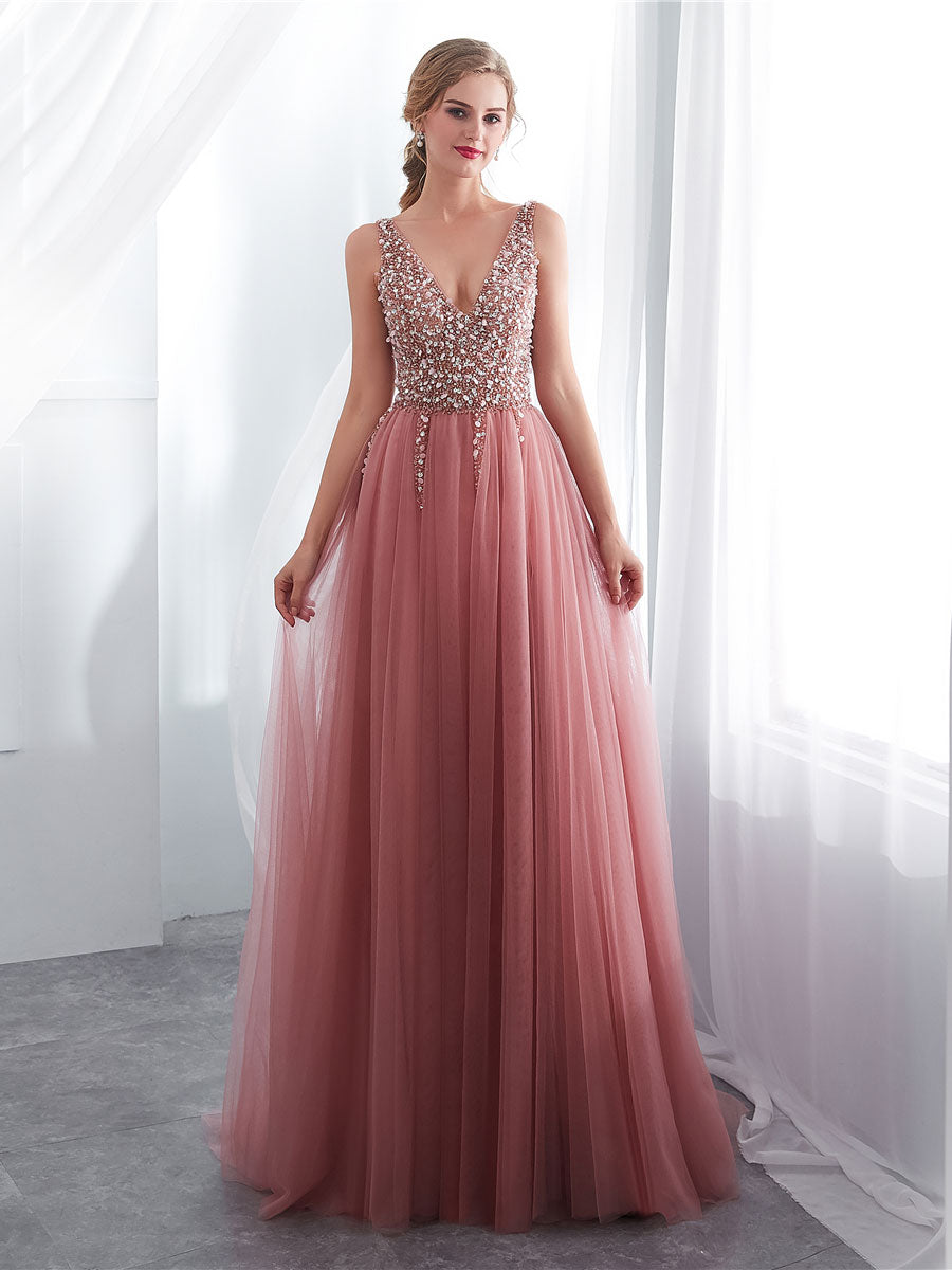 Pink A-Line V-Neck Beaded Long Prom Dress Pink Tulle Formal Evening Dress