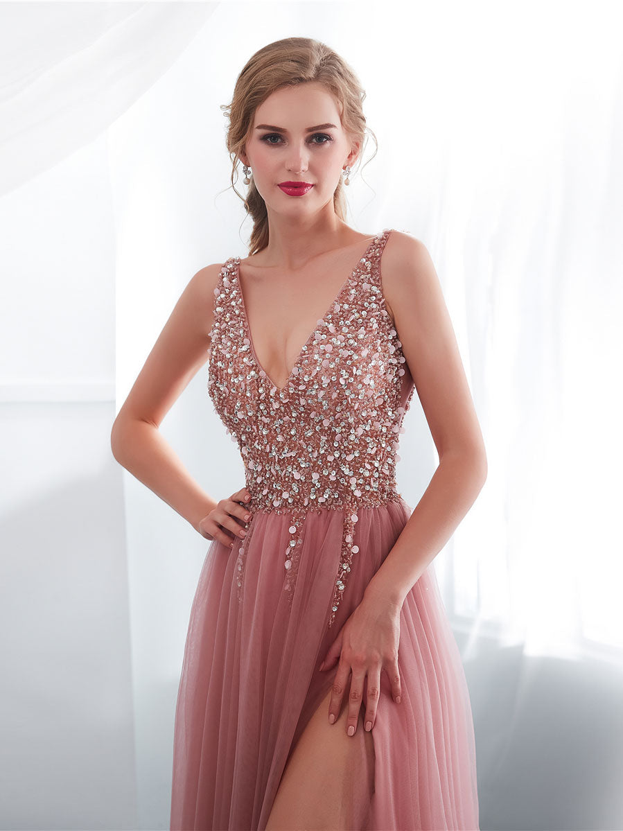 Pink A-Line V-Neck Beaded Long Prom Dress Pink Tulle Formal Evening Dress