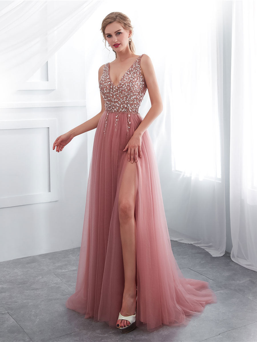 Pink A-Line V-Neck Beaded Long Prom Dress Pink Tulle Formal Evening Dress