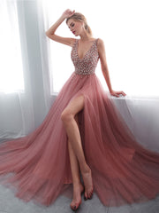 Pink A-Line V-Neck Beaded Long Prom Dress Pink Tulle Formal Evening Dress