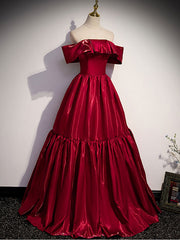 Simple Burgundy Off-Shoulder Satin Long Prom Dress Burgundy Evening Dress