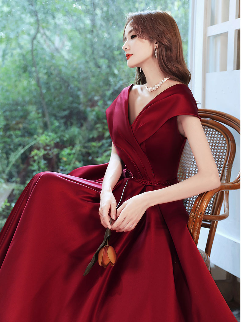 Burgundy V-Neck Satin Long Prom Dress Burgundy Evening Dress