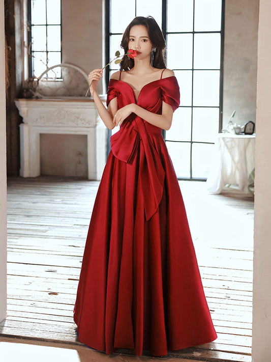 Burgundy Off-Shoulder Satin Long Prom Dress Burgundy Evening Dress