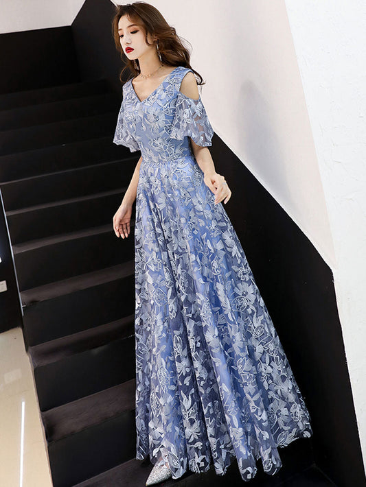 A-Line V-Neck Lace Long Prom Dress Blue Formal Graduation Dress