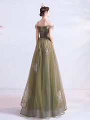 A-Line Green Tulle Long Prom Dress Green Formal Evening Dress