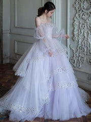 Purple Tulle Sequin Long Prom Dress Purple Tulle Evening Dress