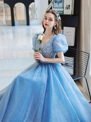 Blue A-Line V-Neck Sequin Tulle Long Prom Dress Blue Formal Evening Dress