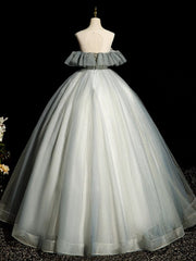 A-Line Round Neck Tulle Gray Blue Long Prom Dress Tulle Sequin Lace Long Evening Dress