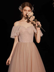 A-Line Sweetheart Neck Tulle Pink Long Prom Dress Pink Tulle Long Evening Dress