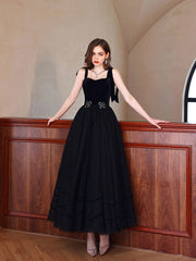 Black Sweetheart Neck Tulle Long Prom Dress Black Evening Dress