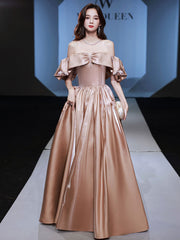 Simple Off-Shoulder Satin Long Prom Dress Champagne Evening Dress