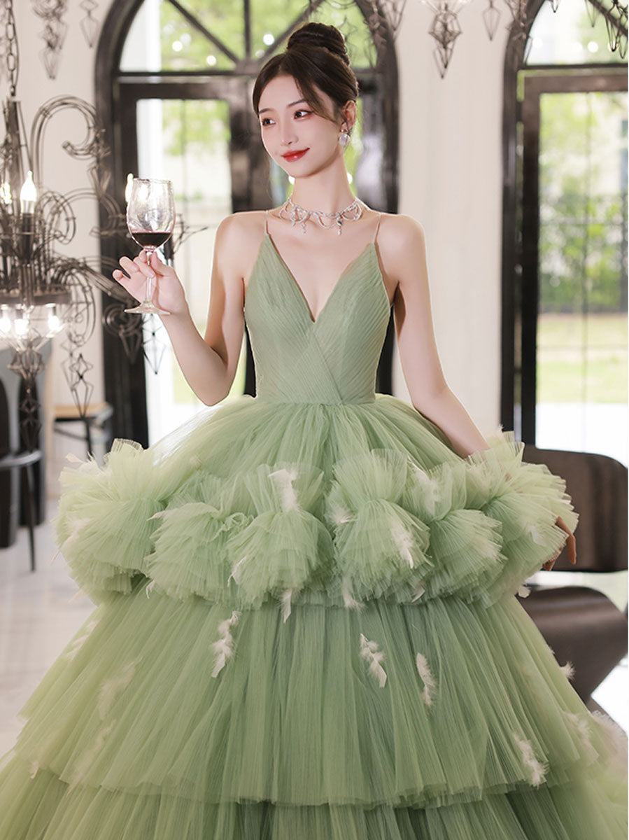 Green V-Neck Tulle Long Prom Dress Green Tulle Sweet 16 Dress