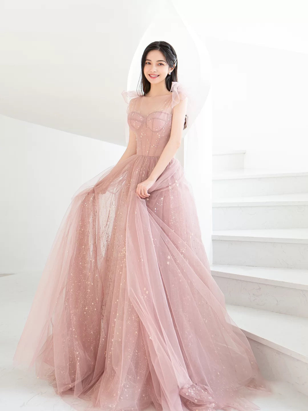 Pink A-Line Tulle Long Prom Dress Pink Tulle Formal Dress