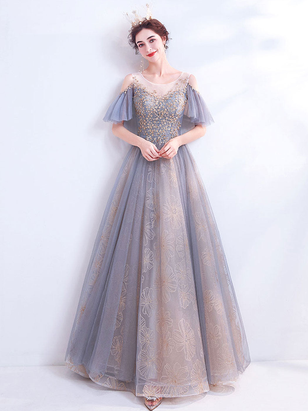 A-Line Scoop Neckline Gray Long Prom Dress Tulle Lace Evening Dress