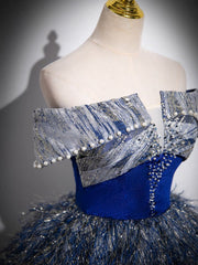 Unique A-Line Shiny Sequin Blue Long Prom Gown Blue Long Evening Dress