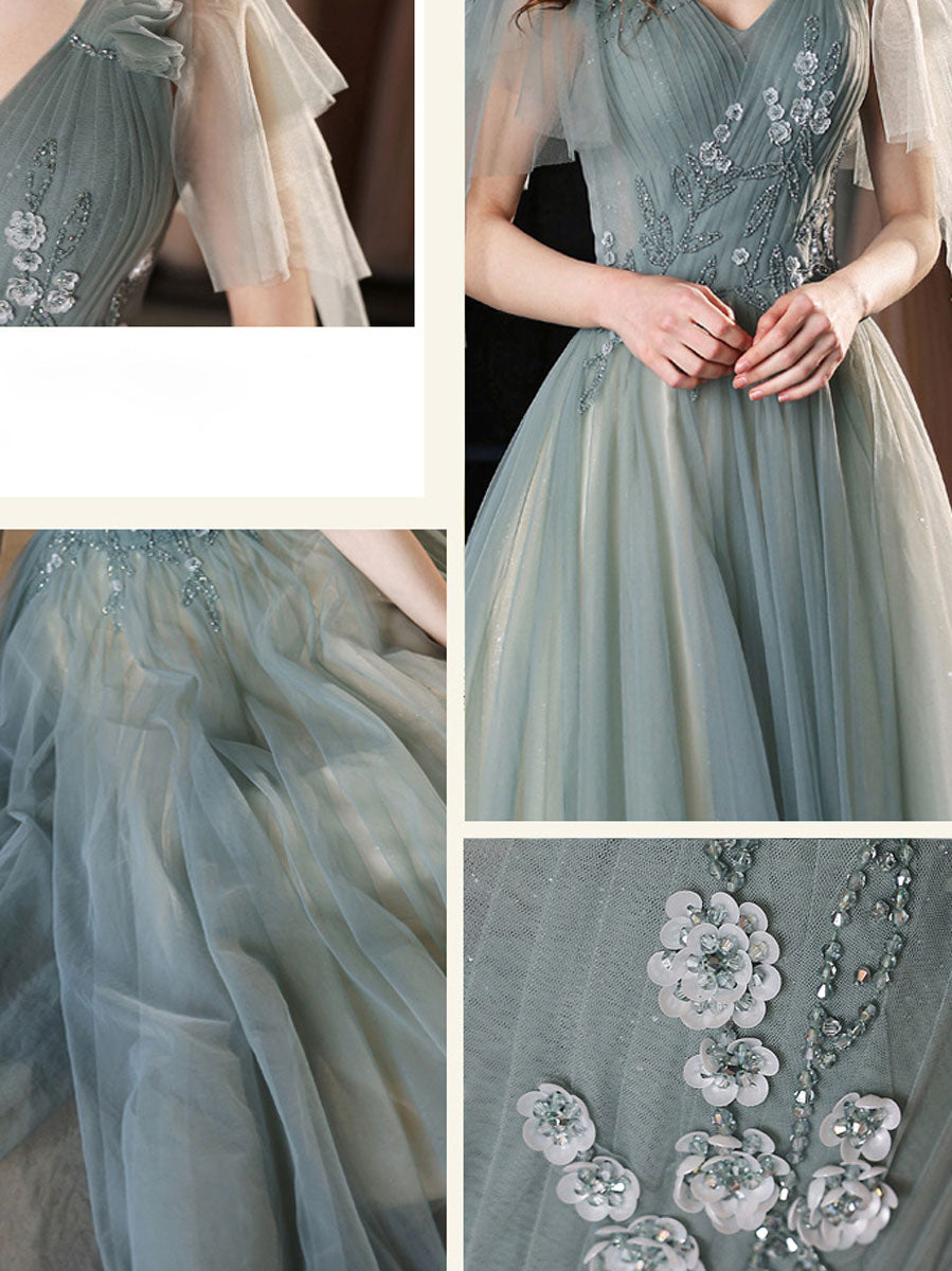 Green V-Neck Tulle Lace Long Prom Dress Green Tulle Formal Dress