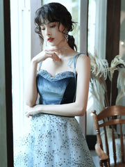 A-Line Tulle Sequin Long Prom Dress Blue Tulle Long Evening Dress