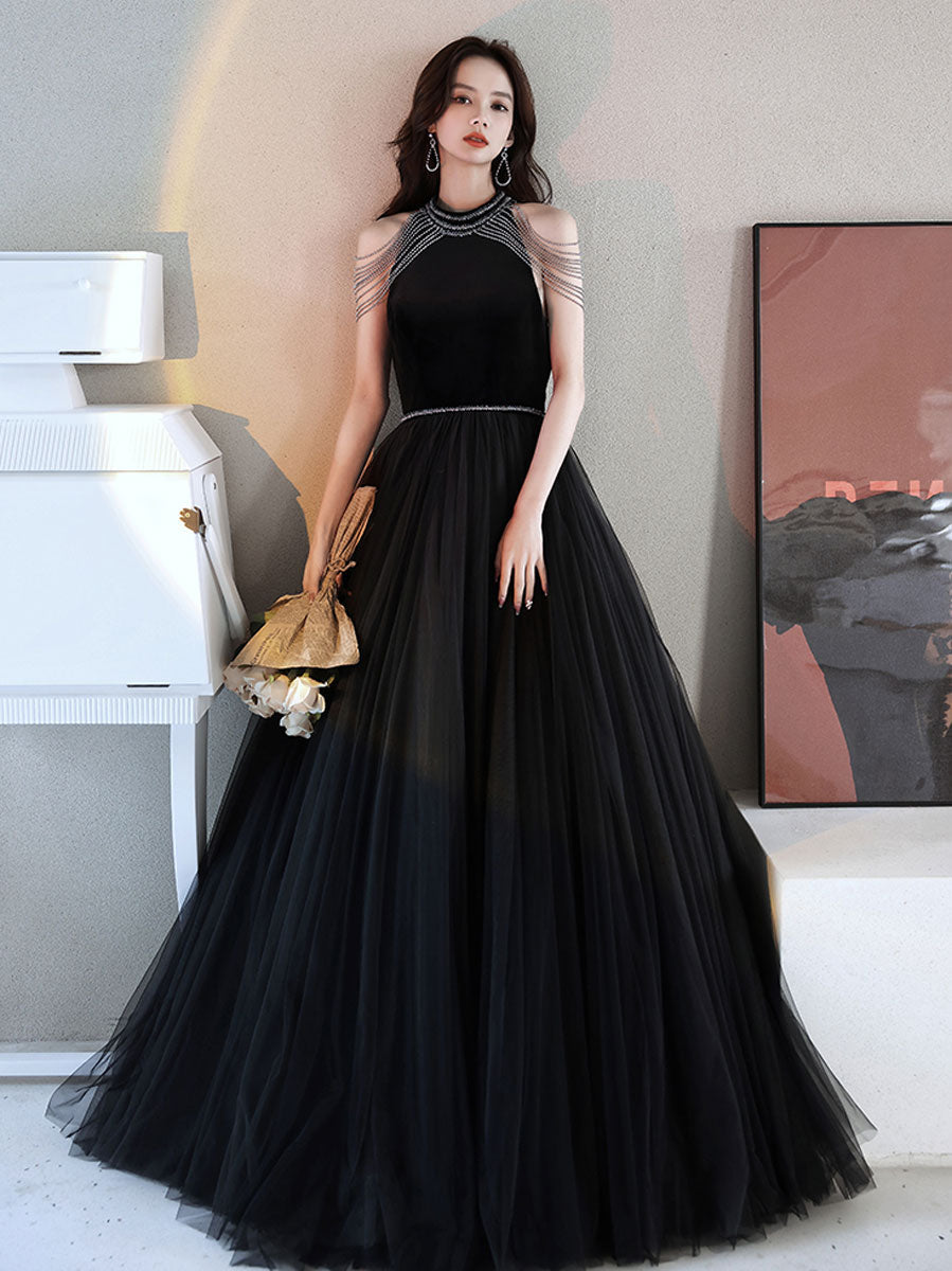 Black A-Line Tulle Beaded Long Prom Dress Black Evening Dress