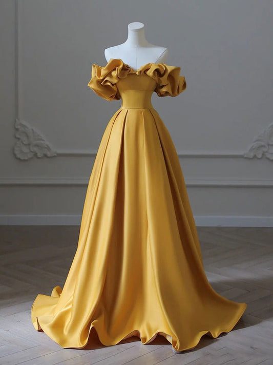 Yellow A-Line Satin Long Prom Dress Yellow Long Evening Dress