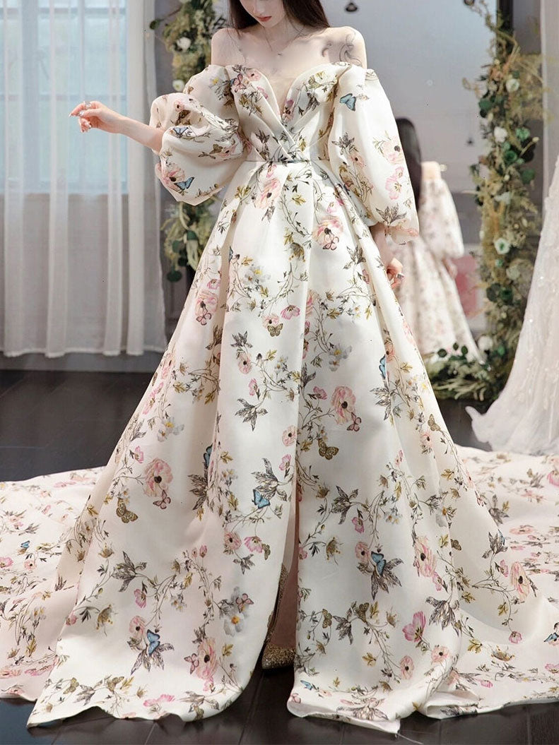 Unique Puff Sleeves Satin Long Prom Dress Puff Satin Long Evening Dress