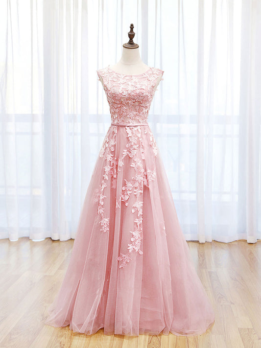 A-Line Lace Pink Long Prom Dress Pink Lace Formal Party Dress