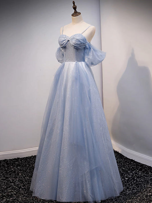 A-Line Off-Shoulder Tulle Gray Blue Long Prom Dress Gray Blue Long Formal Dress