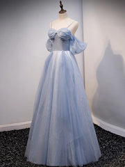 A-Line Off-Shoulder Tulle Gray Blue Long Prom Dress Gray Blue Long Formal Dress