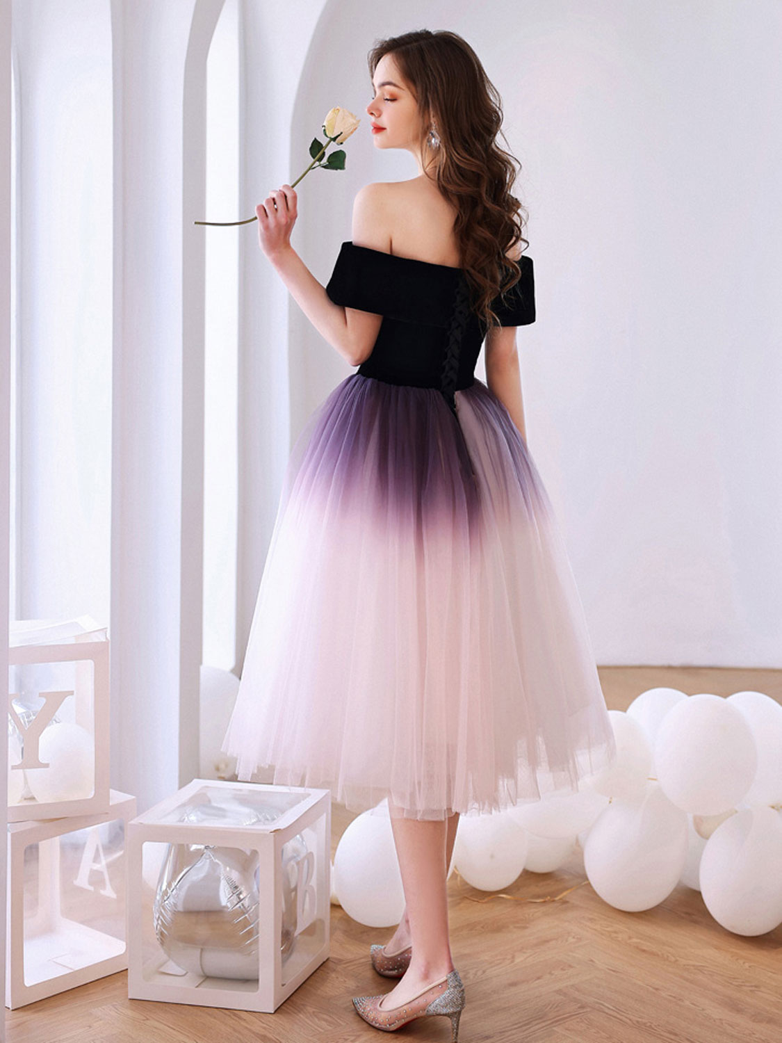 Purple Off-Shoulder Tulle Short Prom Dress Tulle Homecoming Dress