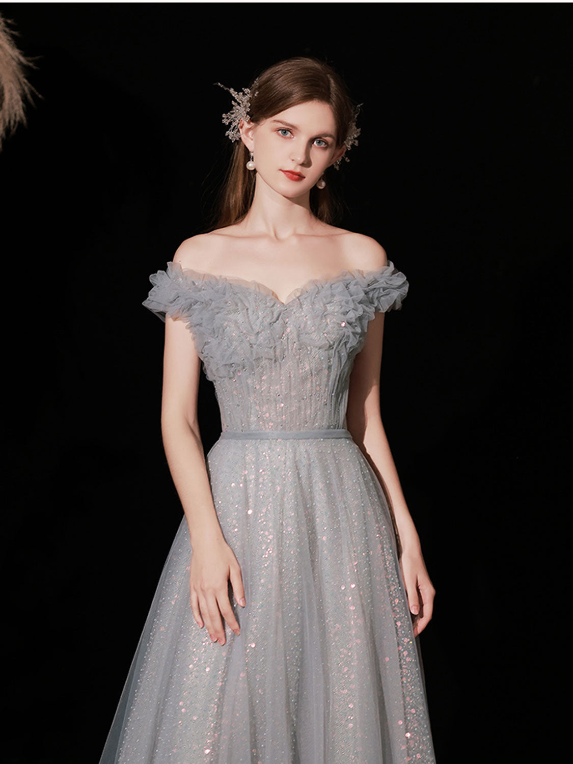 Gray A-Line Tulle Long Prom Dress Gray Tulle Formal Party Dress