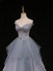 Blue A-Line Sweetheart Neck Tulle Long Prom Dress Blue Formal Dress