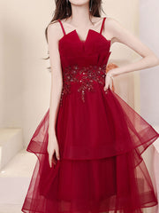 Burgundy High-Low Short Prom Dress Beaded Sequin Homecoming Dress