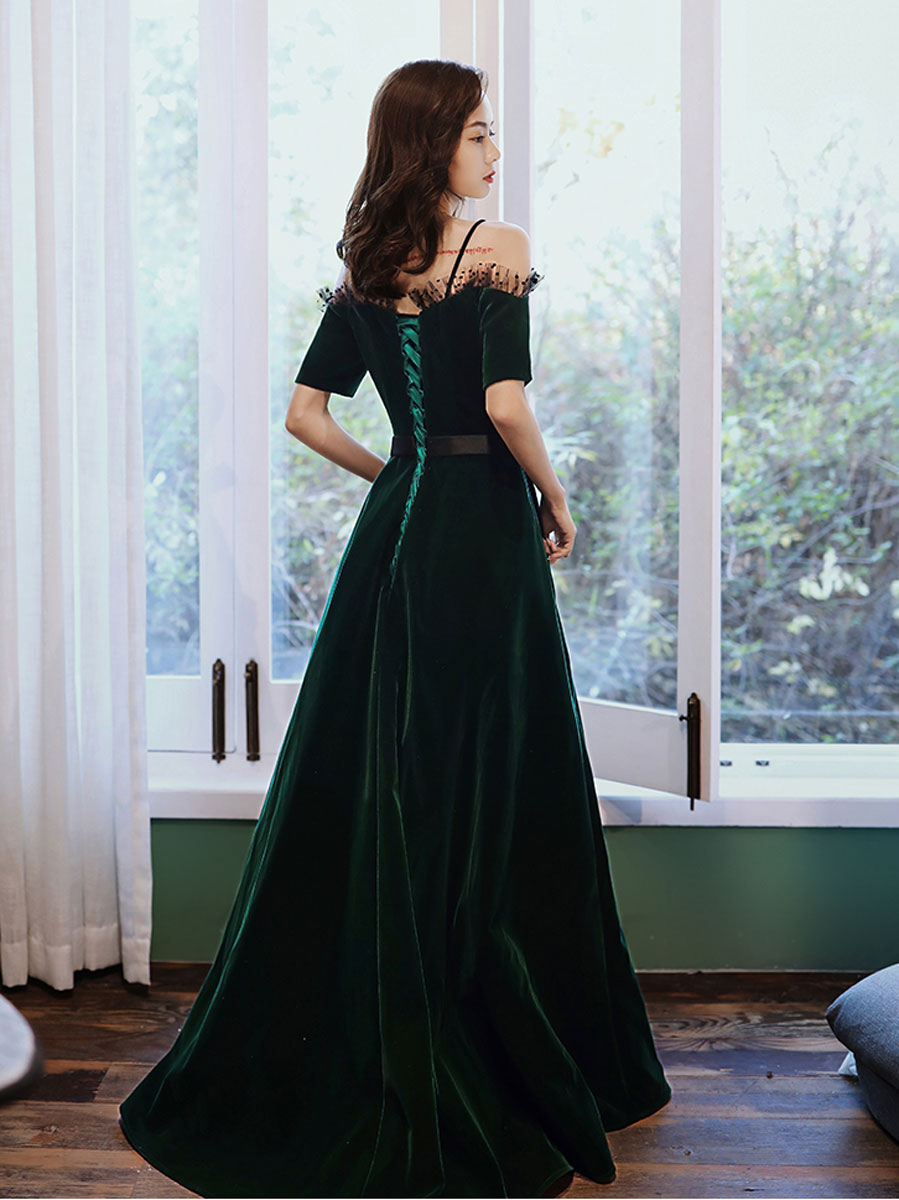 Green A-Line Velvet Long Prom Dress Green Evening Dress