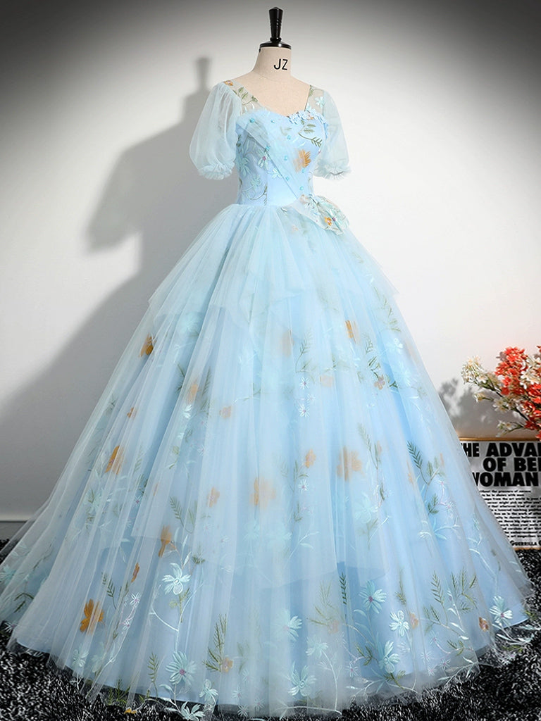 V-Neck Tulle Lace Blue Long Prom Dress A-Line Blue Lace Long Sweet 16 Dress