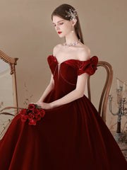 A-Line Off-Shoulder Velvet Burgundy Long Prom Dress Tea Burgundy Evening Dress