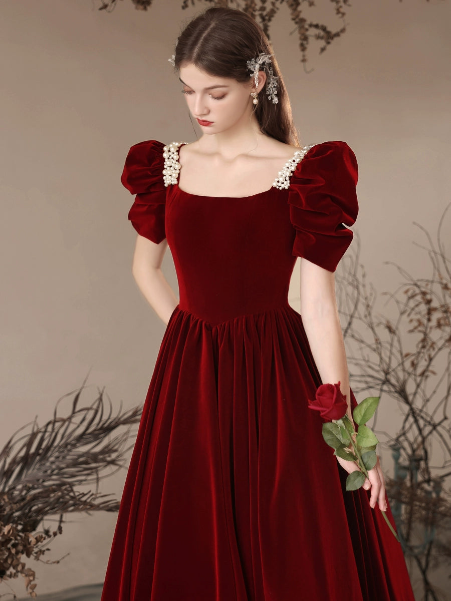 A-Line Velvet Burgundy Long Prom Dress Burgundy Long Formal Dress