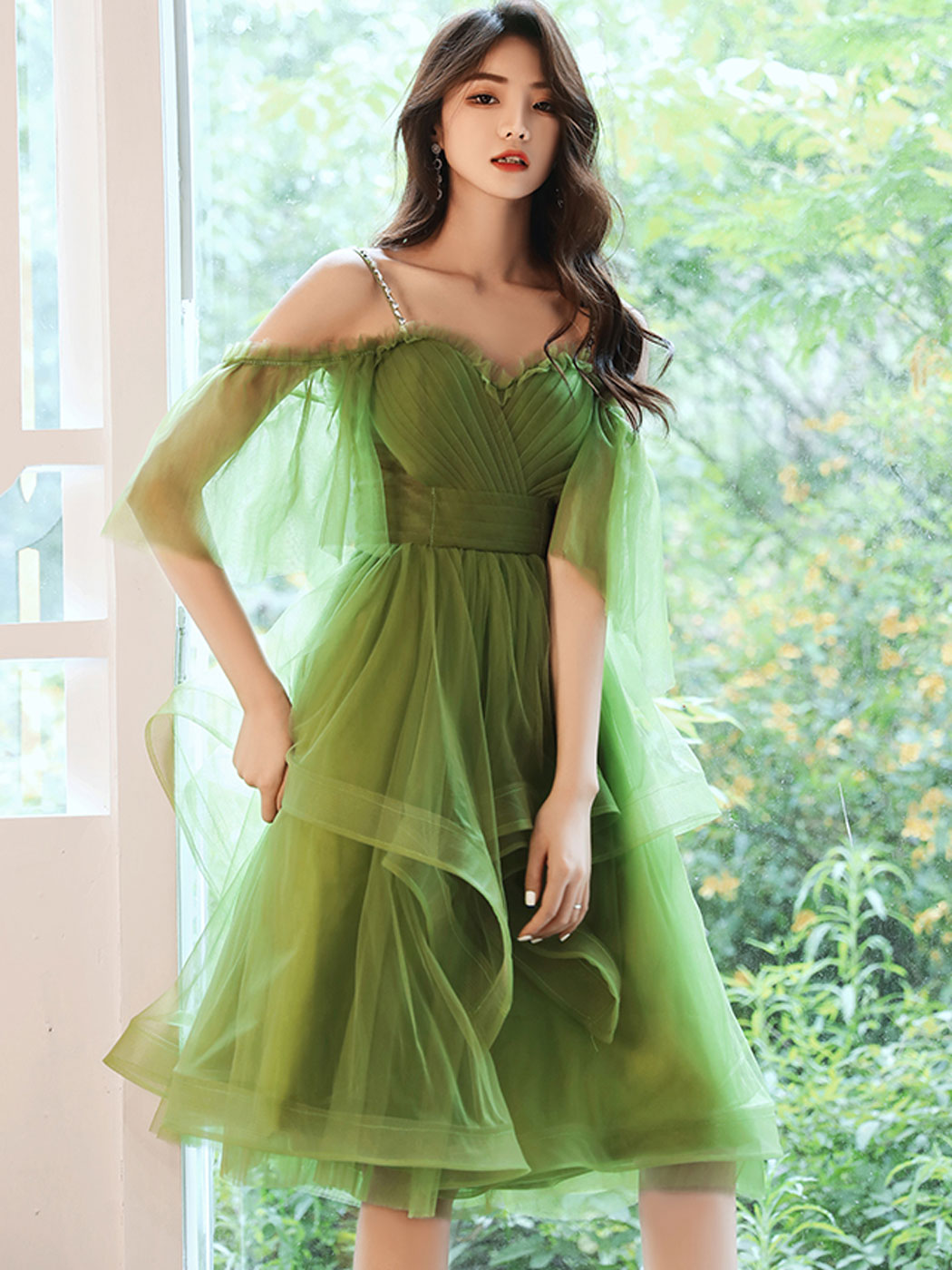 Green Off-Shoulder Tulle Short Prom Dress Green Homecoming Dress