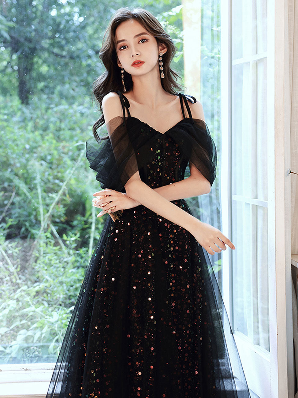 A-Line Black Long Prom Dress Off-Shoulder Tulle Long Evening Dress with Sequin Tulle