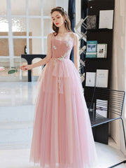 Pink Tulle Long Prom Dress Pink A-Line Tulle Lace Graduation Dress