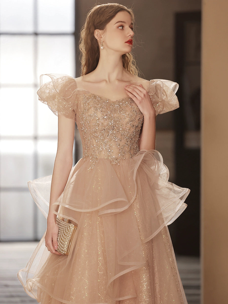 Champagne Tulle Sequin Long Prom Dress Champagne Sequin Long Formal Gown