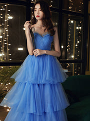 Blue Sweetheart Neck Long Prom Dress Formal Blue Graduation Dress Sweet 16 Dress