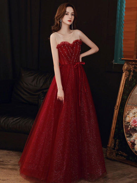 A-Line Round Neck Tulle Sequin Long Prom Dress Burgundy Formal Dress