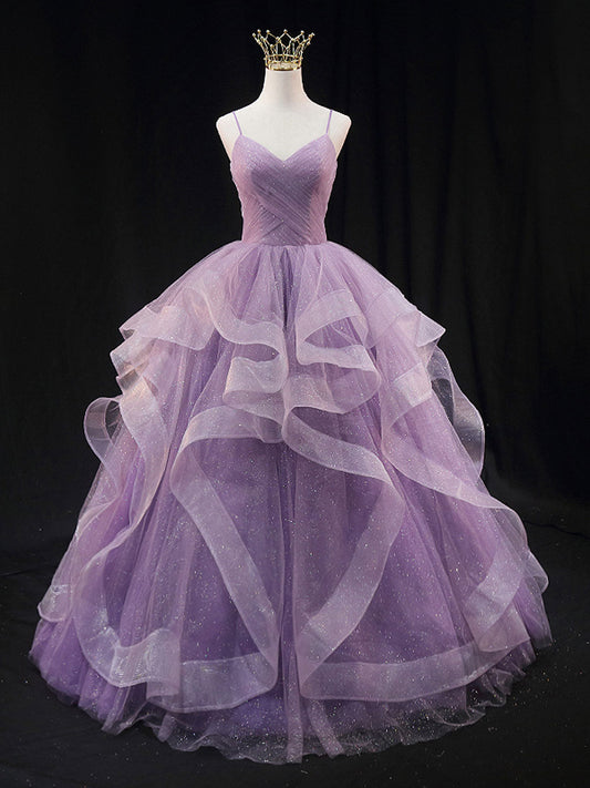 Purple V-Neck Tulle Sequin Long Prom Dress Purple Tulle Formal Dress