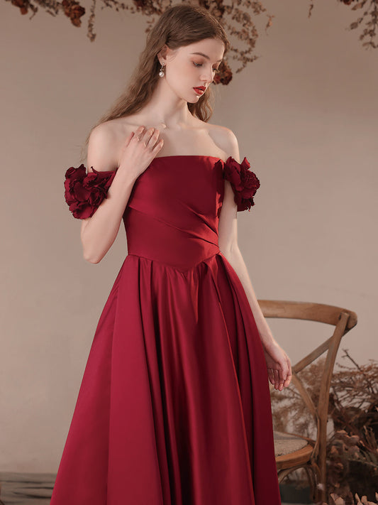 Burgundy A-Line Off-Shoulder Satin Long Prom Dress Burgundy Formal Evening Dress