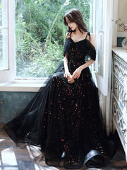 A-Line Black Long Prom Dress Off-Shoulder Tulle Long Evening Dress with Sequin Tulle