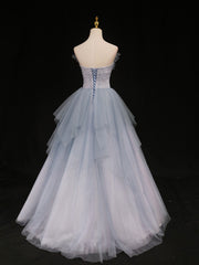 Blue A-Line Sweetheart Neck Tulle Long Prom Dress Blue Formal Dress