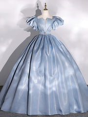 Ball Gown Puff Sleeves Blue Long Prom Dress Blue Sweet 16 Dress