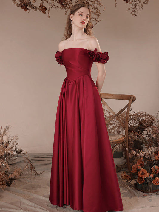 Burgundy A-Line Off-Shoulder Satin Long Prom Dress Burgundy Formal Evening Dress